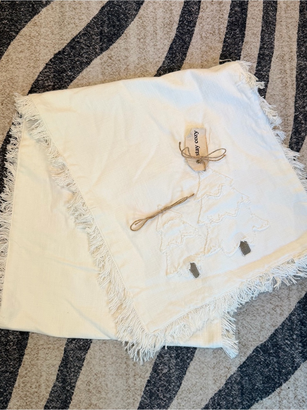 NEW CREATIVE CO-OP cotton table runner with Christmas tree and fringe nwot 69 in